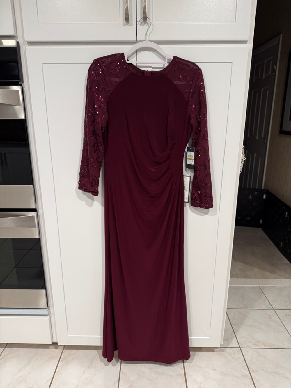 Jessica Howard Burgundy Long Sleeve Sequin Evening Gown